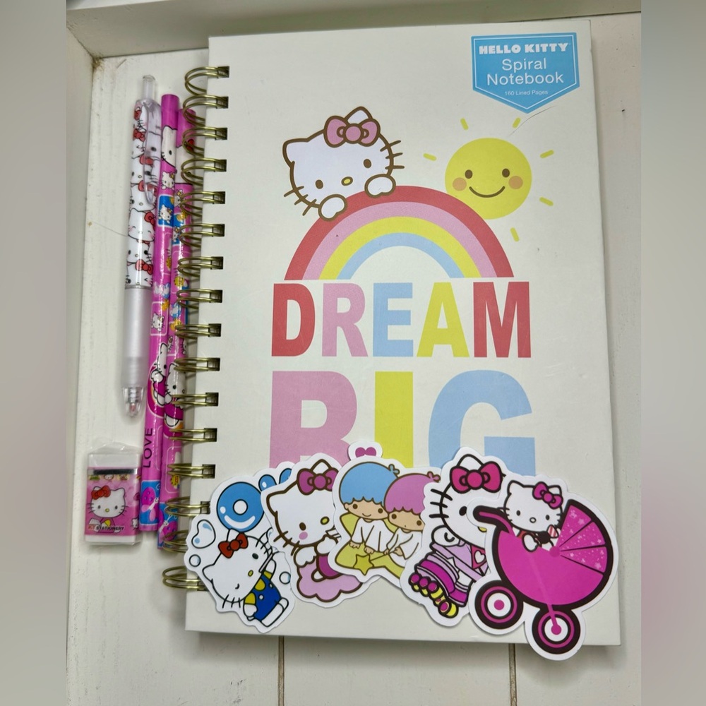 Hello Kitty Stationery SET~ Spiral Notebook, 2 Pencils, Easer, 1 Pen & Stickers